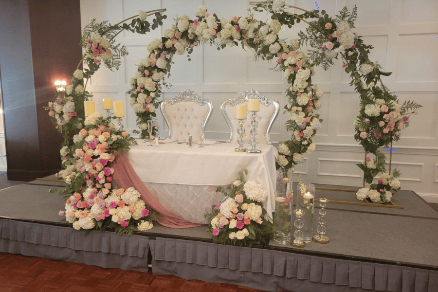 A wedding table set up with flowers and candles.